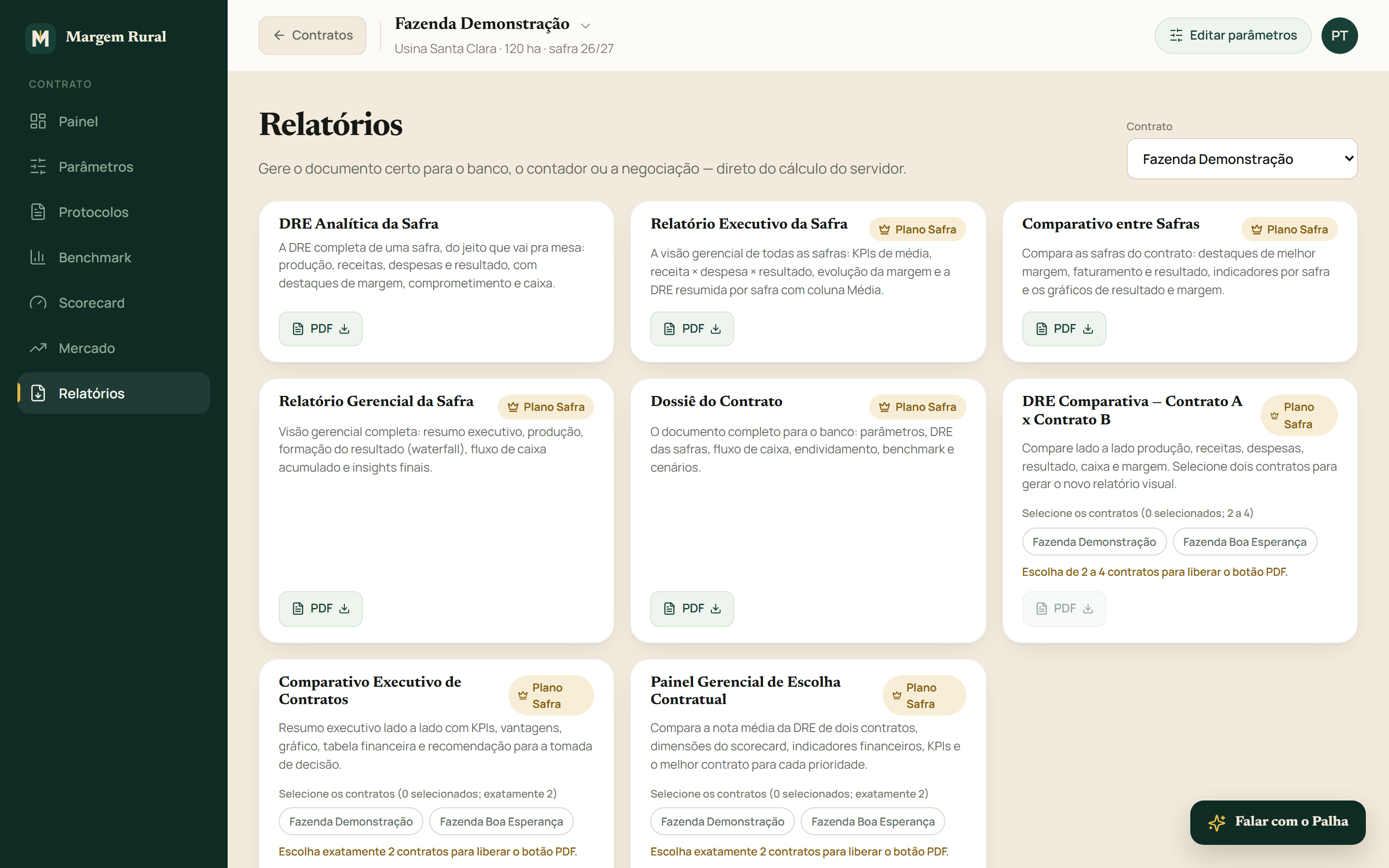 Tela de relatórios do Margem Rural: DRE Analítica, Relatório Executivo, Comparativo entre Safras e Dossiê do Contrato em PDF
